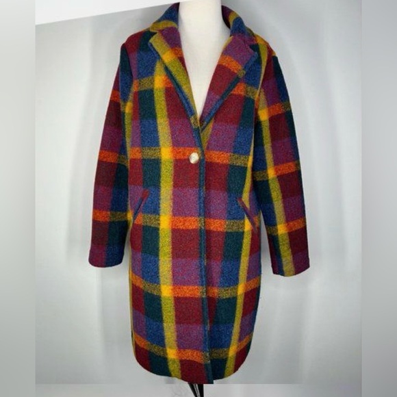Rachel Zoe oversized bohemian retro colorful glam long wool blend plaid coat XS - Picture 2 of 6